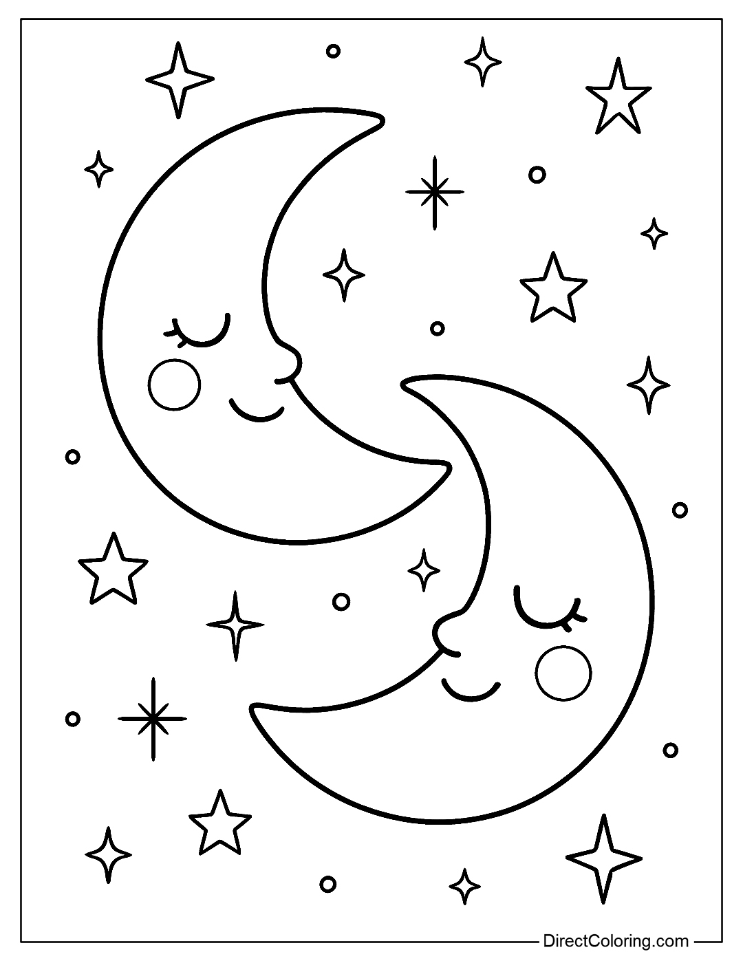 Coloring page of twin moons twinkling in the night sky